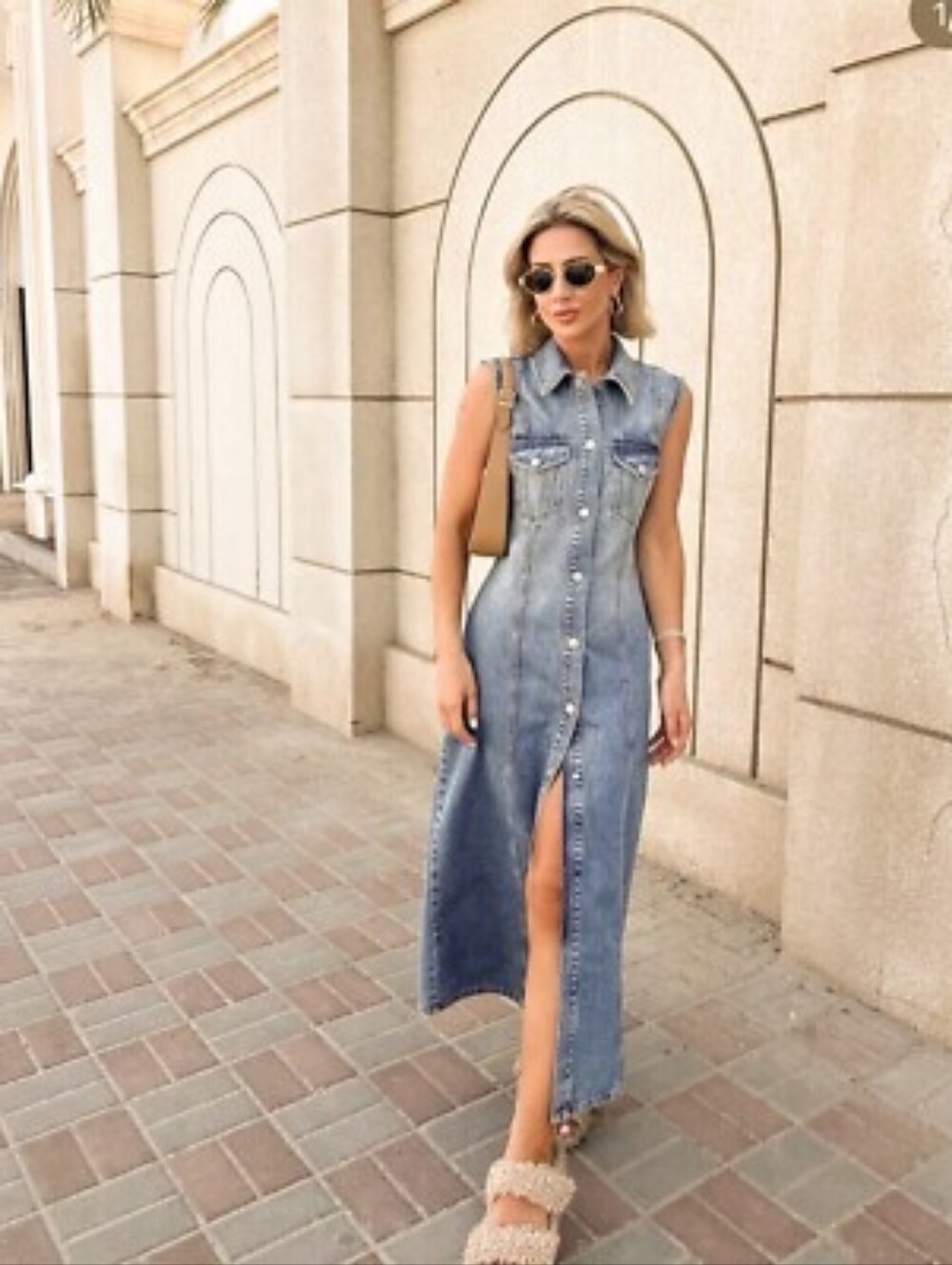 Zara Sleeveless Denim Maxi Dress Light Blue Snaps Sz L Nwt